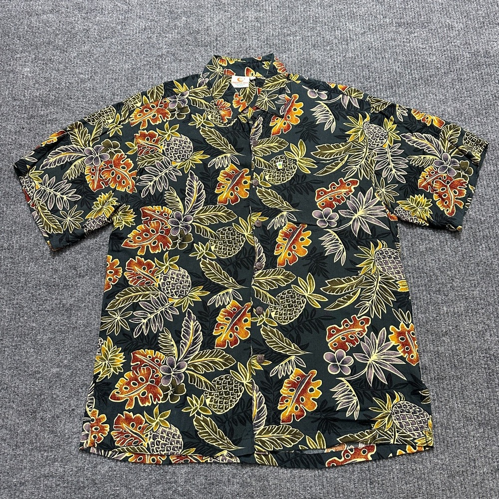 Pineapple‎ Moon Mens Button Up Shirt XL 100% Rayon Hawaiian Beach Short Sleeve